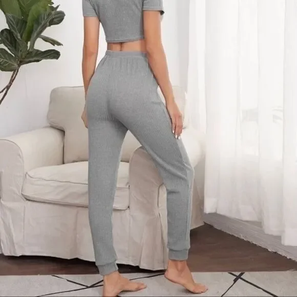 Rib Knit Cropped Top PJ/Lounge Set     - Picture 2 of 4